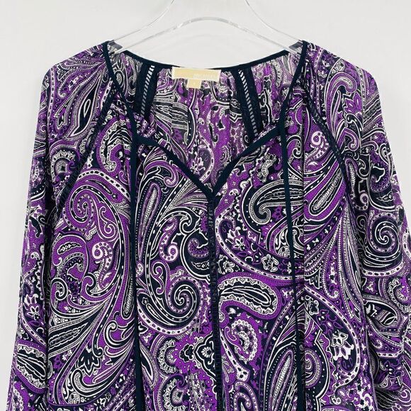 Michael Kors Size Small Purple Paisley Print Sheer Tassel Career Popover Blouse - Picture 2 of 7